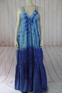 Maxi abito Seaton XS, S nuovo $226 blu tinta unita cotone seta a strati boho - Foto 1 di 12