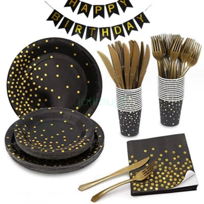 Black Gold Dot Tableware Party Supplies Plates Napkins Disposable Decoration - image 1 of 4