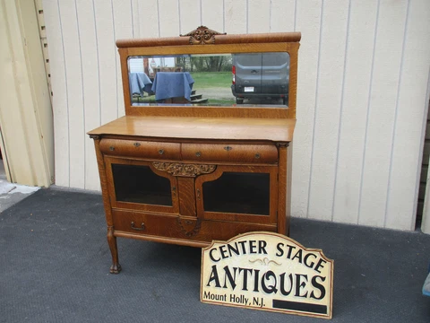 64333 Antique Victorian Oak Buffet Sideboard w/ Mirror Cover
