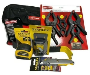Stanley Tool Set 25ft Tape Measure Utility Knife Blades Pry Bar Bag Clamps Lot - Picture 1 of 12