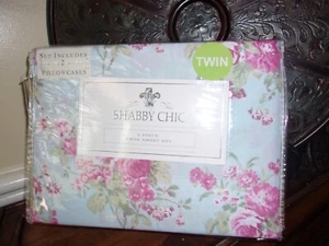 Shabby Chic by Rachel Ashwell Blue Pink Rose Floral Polyester Twin Sheet Set 4pc - Picture 1 of 3