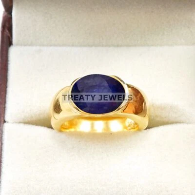 Zafiro azul corte ovalado con anillo chapado en oro de plata de ley 925 para hombre #B601 Foto 1 de 4