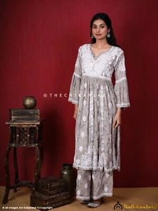 Set Palazzo Kurta Grigio Modal Chikankari Nyra Taglio Lucknow Chikan Fatto a Mano - Foto 1 di 6