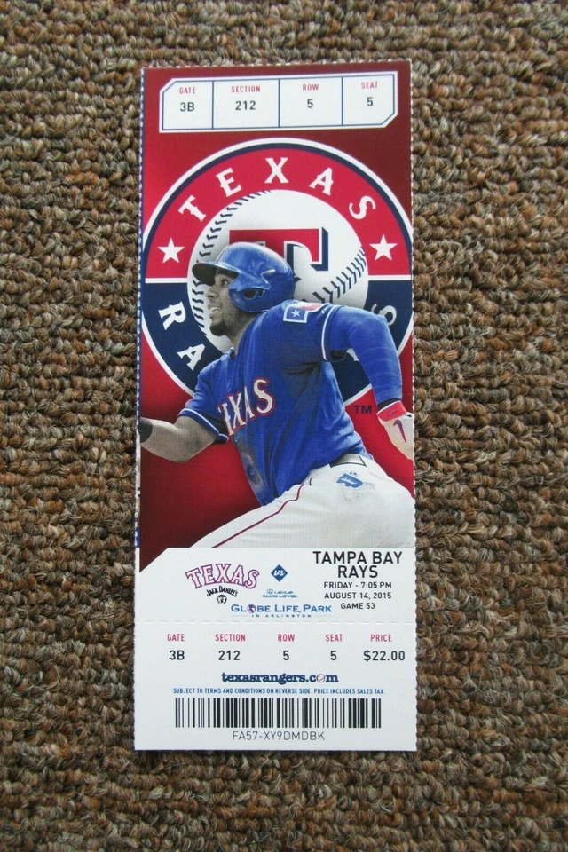 Boleto completo Texas Rangers vs Tampa Bay Rays 14/08/2015 ~ Hamilton/Deshields HRs Foto 1 de 1
