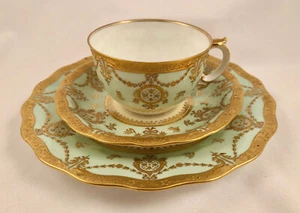 Royal Crown Derby Tea Cup, Saucer & Dessert Plate, Elaborate Raised Gold, Aqua - Picture 1 of 9