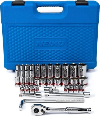 NEIKO 02511A 3/8” Drive Socket Set w/ Quick Release Ratchet (90 Tooth) 35 Piece - Image 1 of 4