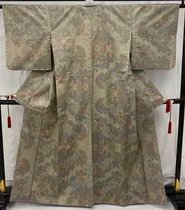 Japanese Vintage Kimono silk beige yuki tsumugi expensive tradition Height 63in - Picture 1 of 23