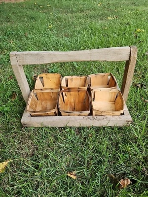 Vintage Hand Carved Strawberry Picking Basket, caddy & Six  1 Qt Wooden Baskets - Image 1 of 4