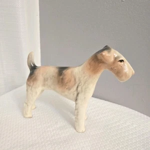 Vtg Wire Hair Terrier Dog Figurine 5" Airedale Porcelain Creme Spots Pet Lover - Picture 1 of 8