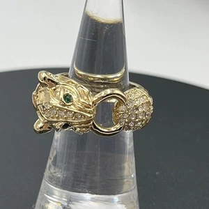Banana Republic Vintage Gold Tone Pave Crystal Green Eyes Panther Ring Size 6 - Picture 1 of 10