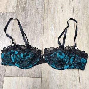Victoria's Secret Vintage Gold Label Black Teal Lace Balconette Bra Women's 36B - Picture 1 of 12