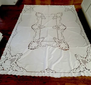 Vintage Tablecloth French Shabby Chic White Cotton Cut Out Lace 67” X 82” - Picture 1 of 3