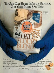 Anuncio impreso de revista MEDALLA DE ORO 1992 mezcla de harina de avena guantes de horno azules - Imagen 1 de 1