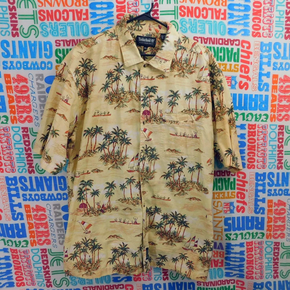 Camisa hawaiana Timberland manga corta abotonada talla XL palmeras amarilla Foto 1 de 4