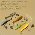 15pcs Cheburashka Flexi Jig Head Kit Soft Lure Set Cheb Ball Weights Offset Hook