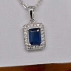 200 Ct Emerald Cut Blue Sapphire And Cz Halo Pendant In Solid 925 Sterling Silver