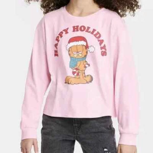 Garfield Youth Girls Happy Holidays Long Sleeve Semi Crop Christmas Shirt NWT S - Picture 1 of 7