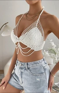 Sexy Top Halter Tejido a Crochet SHEIN Tirantes Sin Espalda Nuevo con Etiquetas Boho - Imagen 1 de 10