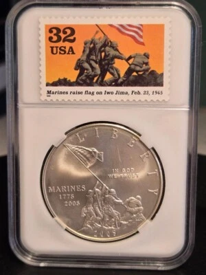 2005-P U.S. Marine Corps 230th Anniversary - UNC Silver Dollar w Iwo Jima Stamp - Image 1 of 2