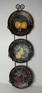 Black Metal Wall Plate Holder Rack Vertical 3 Fruit Themed Plates Included 21" - Picture 1 of 8