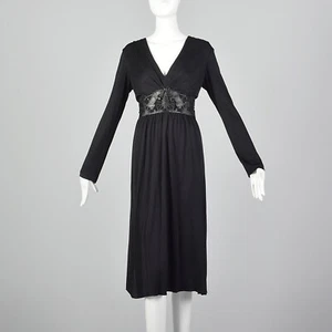 L Cacharel Black Dress 1990s Vegan Leather Long Sleeve Silk Jersey LBD 90s VTG - Picture 1 of 10