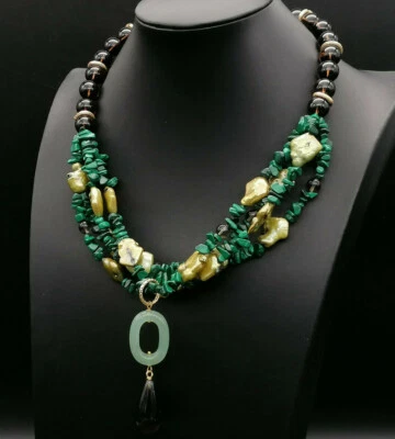 collana girocollo argento malachite perla quarzo avventurina MADE IN ITALY - Immagine 1 di 4