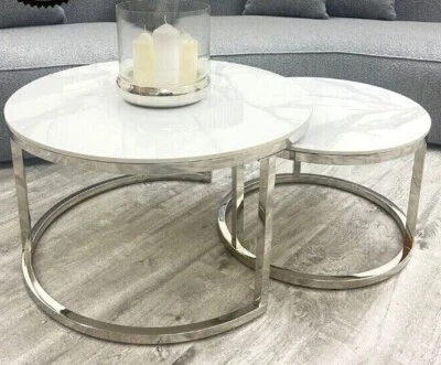 Aurora Luxury Italian Chrome Stone Marble White Coffee Nest of 2 Tables - Image 1 of 4