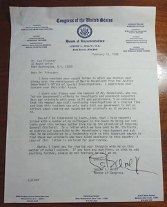 Lester Wolff Signed 1980 Congressional Letter RE: Nazi Hunter Martin Mendelsohn  - Picture 1 of 2
