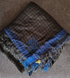 Loewe Anagram Vintage Long Scarf Large Shawl, Body Wrap W Plaid In Blue & Brown - Picture 1 of 18