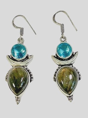 Labradorite Blue Topaz Handmade Drop Dangle Earrings  1.92" Stamped 925 Silver - Image 1 of 4