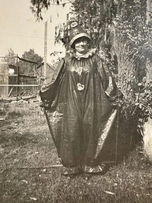 1910's HALLOWEEN CLOWN Woman SHOWS off COSTUME vtg Antique SNAPSHOT photo - Image 1 of 3