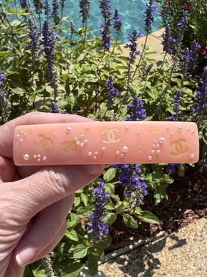 Chanel 03P Hair Clip / Barrette - Pink With Logo And Pearl Accents - Image 1 of 4