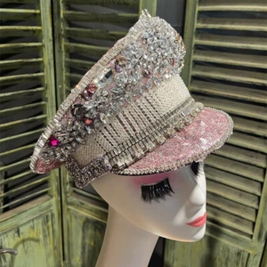 Lady Heavy Sequin Diamonds Military Captain Hat Cosplay Cap Steampunk Club Retro - Picture 1 of 23