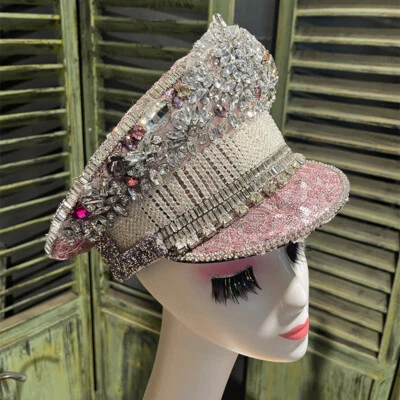 Lady Heavy Sequin Diamonds Military Captain Hat Cosplay Cap Steampunk Club Retro - Image 1 of 4