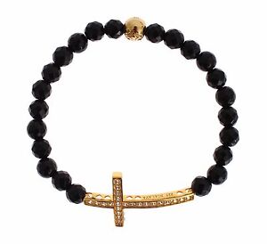 NIALAYA Women's Agate Stone Gold CZ Cross 925 Silver Bracelet s. M RRP $320 