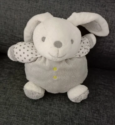 442🌟Peluche doudou lapin boule OBAIBI OKAIDI blanc gris étoiles grelot 18/25 cm - Photo 1/3