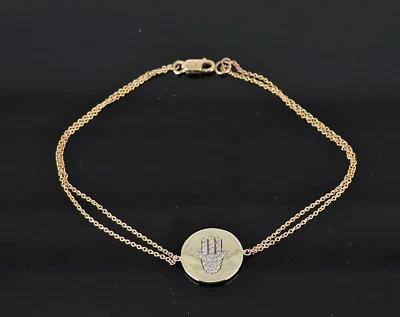 $1,250 Pulsera Meira T Oro Amarillo 14k Pavé Diamantes Mano Hamsa Doble Cadena Foto 1 de 4