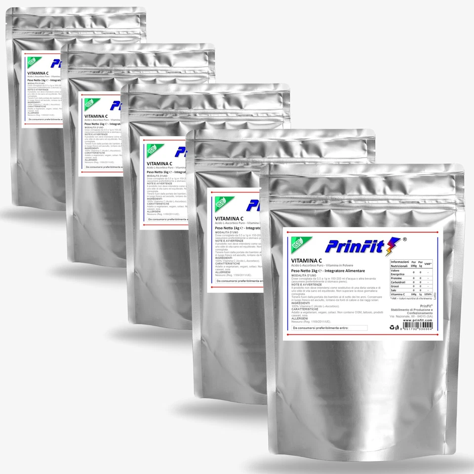5 x 1 kg - Vitamina C Polvere Pura - E300 Acido Ascorbico Integratore - PrinFit