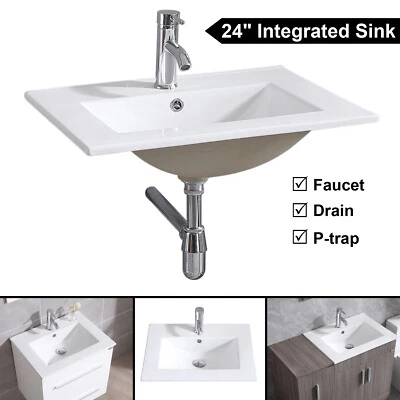 24" or 36" Integrated Sink Countertop Vanity Sink Bowl White Ceramic + Faucet - Image 1 of 4