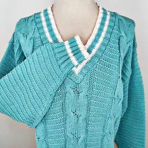 De colección años 80 Dama DiFini Grueso Cuello en V Suéter Tenis Cricket Preparado Turquesa M - Imagen 1 de 8