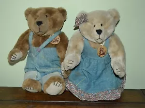 (2) BONITA BEAR PLUSH TEDDY BEAR FARMER BEARS OWEN & KATIE DENIM OVERALLS EXC - Picture 1 of 5
