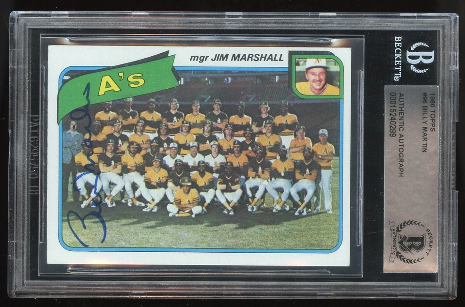 Tarjeta de béisbol Topps 1980 autografiada firmada por Billy Martin #96 losa BAS Foto 1 de 1