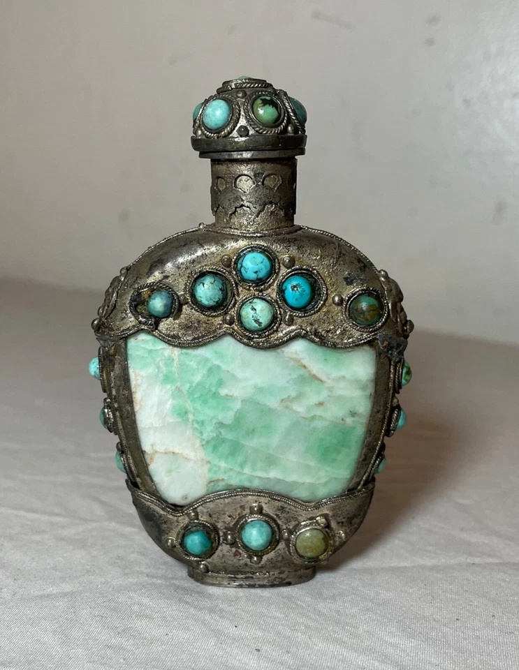 frasco antigo de bronze verde turquesa pedra de jade esculpido à mão chinês rapé - Imagem 1 de 4