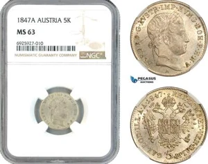 AK348, Austria, Ferdinand I, 5 Kreuzer 1847 A, Vienna Mint, Silver, NGC MS63 - Picture 1 of 1