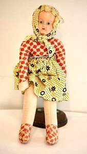 Antique Blonde Colorful Rag Doll Poland Vintage 1900s Stuffed Toy + WOOD stand - Picture 1 of 13