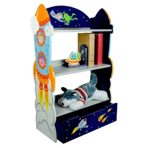 Kids 3 Tier Outer Space Bookshelf Wooden Astronaut Themed Storage + Wall Decals - Picture 1 of 9