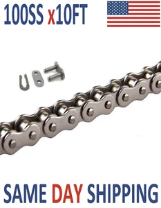 Cadena de rodillos #100SS 10 PIES + eslabón de conexión gratuito - envío prioritario el mismo día - Imagen 1 de 1