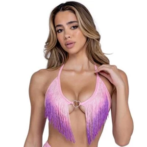 Metallic Iridescent Bikini Top Ombre Fringe Heart Ring Halter Pink Purple 6460 - Picture 1 of 5