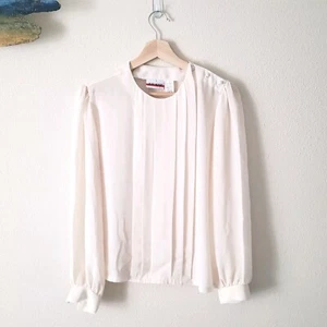 Vintage JUDY BOND Ivory Long Sleeve Blouse Sz 8 Silky Chiffon Pleated Dressy Top - Picture 1 of 10