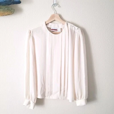 Винтажный JUDY BOND слоновой кости длинным рукавом блузка размер 8 шелковистый шифоновое плиссированные нарядный топ - Изображение 1 из 4